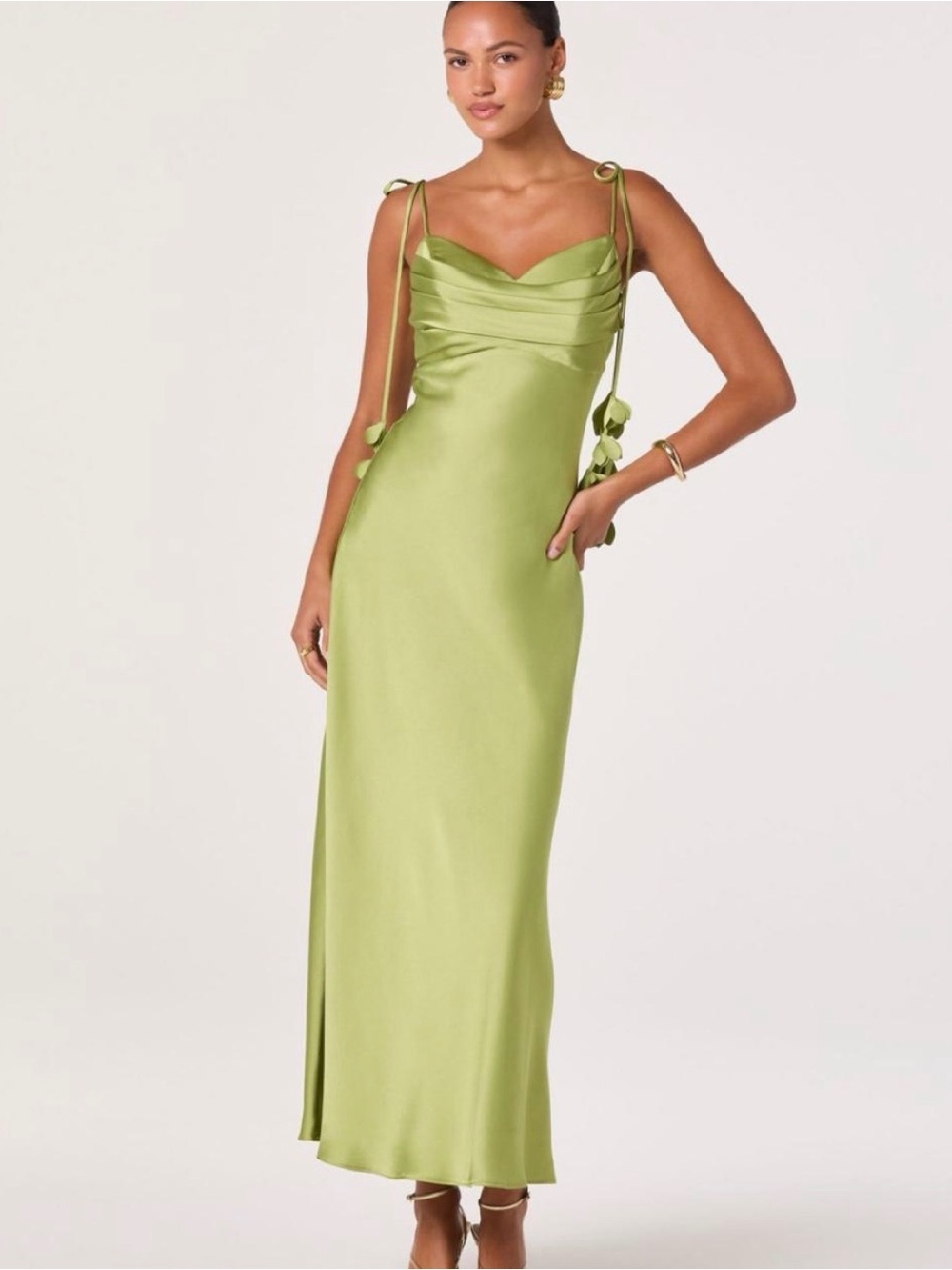 Astr Olive Green Satin Tie-Shoulder Maxi Dress